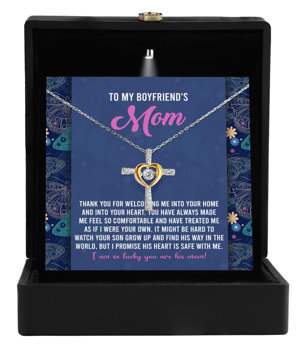 To Boyfriend's Mom, Safe With Me - Cross Dancing Necklace gift displayed in a box, featuring a 14k Gold Plated Necklace from Gearbubble.