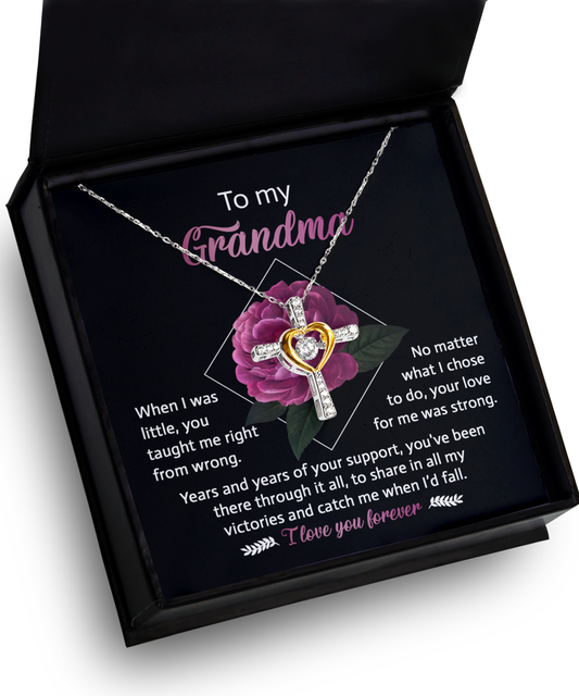 A necklace with a heart pendant in a box, labeled with a message for a grandma expressing love and gratitude, perfect as a gift for grandma. 
Product Name: To Grandma, Love For Me - Cross Dancing Necklace