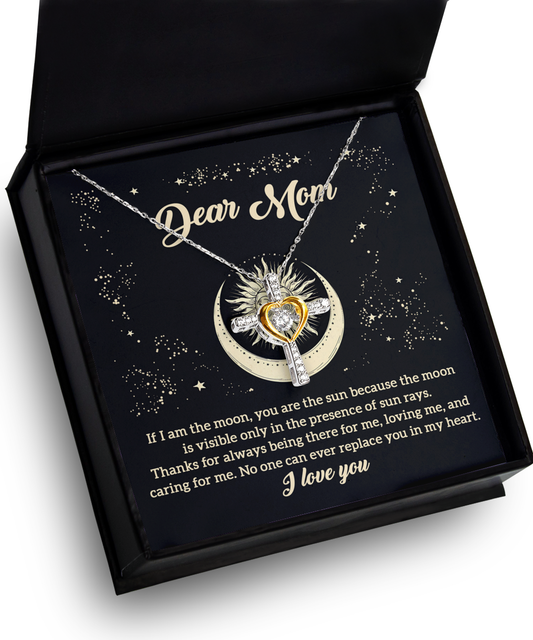 A "To Mom, There For Me - Cross Dancing Necklace" inside a gift box with a message for mom, featuring a heart-shaped pendant and decorative celestial graphics.
