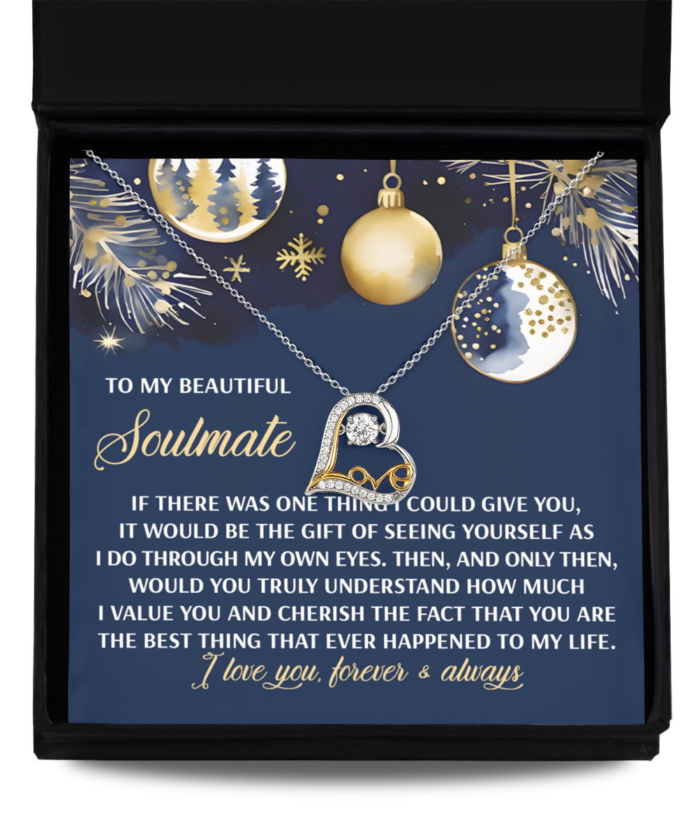 The Soulmate-One Thing - Love Dancing Necklace features a heart pendant set against a blue background, embellished with 14k gold ornaments and festive decorations. Made from sterling silver, it conveys a tender poetic message to your "Soulmate.