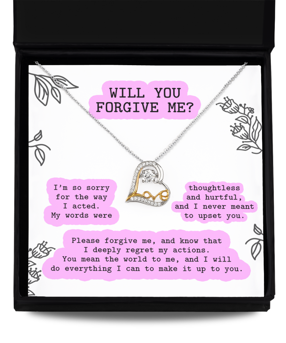 The "Sorry-Never Meant To - Love Dancing Necklace," a sterling silver necklace with a heart pendant, comes in a jewelry box and includes a printed note with an apology message asking for forgiveness.