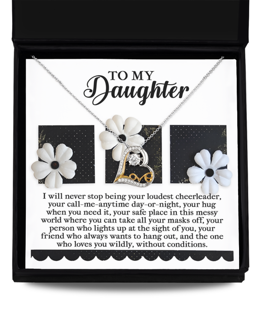 The Daughter-Loudest Cheerleader - Love Dancing Necklace, crafted in Sterling Silver, is nestled in a box labeled "To My Daughter" and carries a heartfelt message of unconditional love and support.