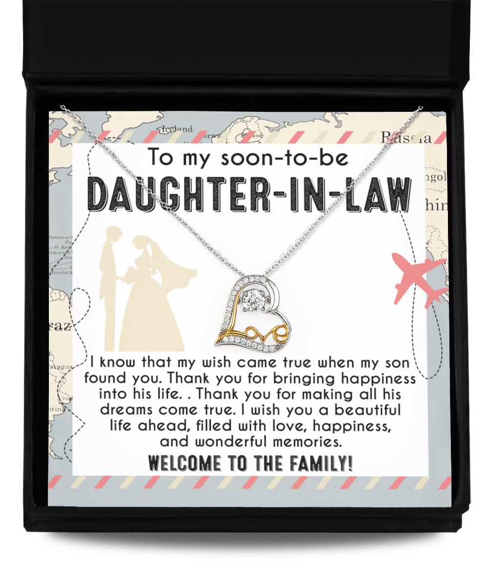 A necklace with a heart pendant is displayed on a card with a message addressed to a soon-to-be daughter-in-law, expressing gratitude and welcoming her into the family. Crafted from .925 Sterling Silver and adorned with sparkling Cubic Zirconia, this Daughter-in-Law-Into His Life - Love Dancing Necklace symbolizes the joy of new beginnings.