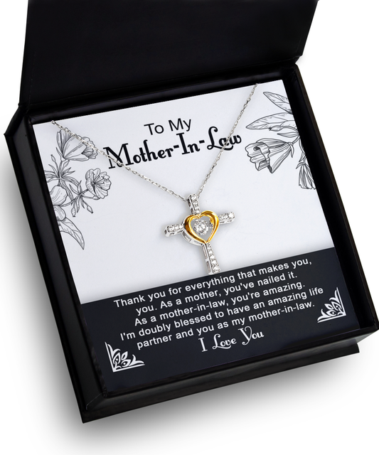 A To Mother-In-Law, You're Amazing - Cross Dancing Necklace with a heart-shaped pendant in a black box, featuring an inscription to a mother-in-law, expressing love and gratitude.