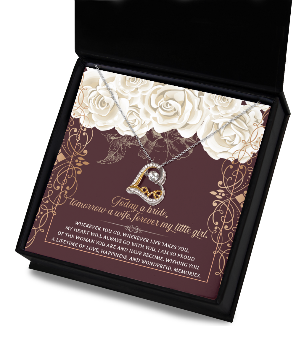 A "To Daughter Wedding-Wonderful Memories - Love Dancing Necklace" with a heart-shaped cubic zirconia pendant is displayed in an open box, accompanied by a card with a floral border and a heartfelt message for the bride.