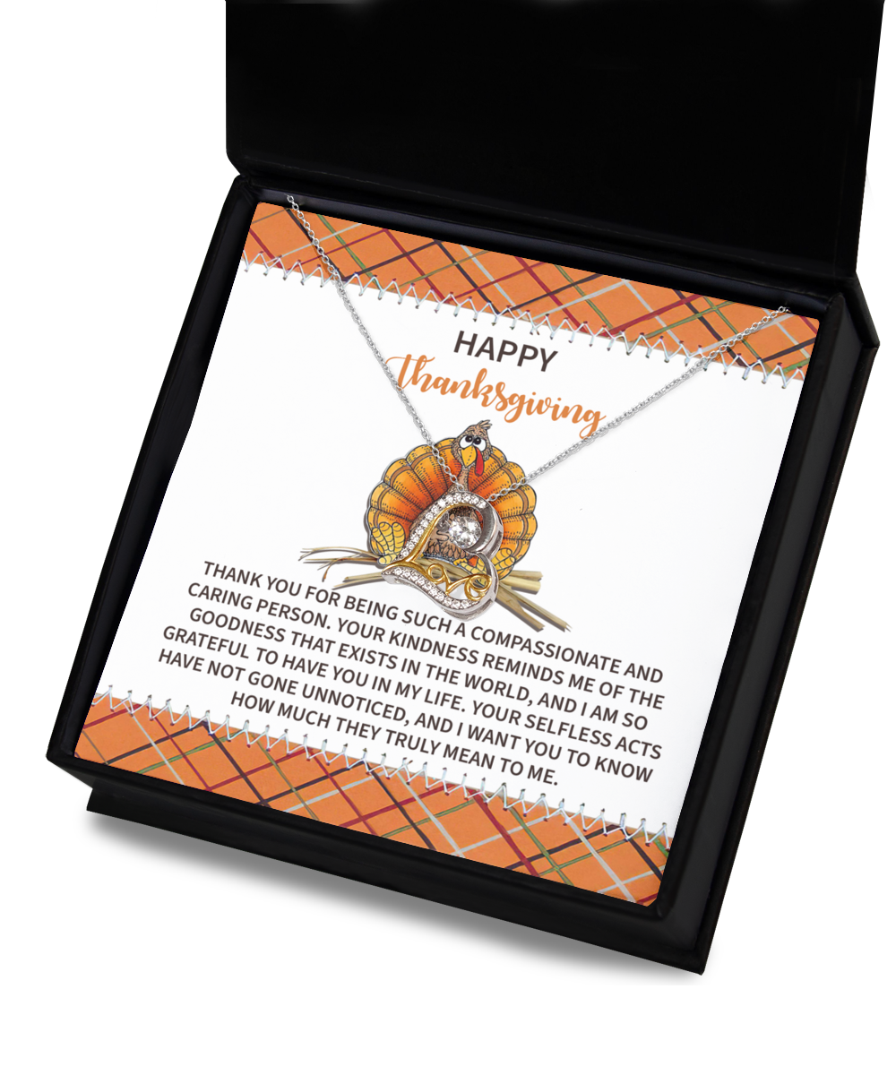 The Thanksgiving-In My Life - Love Dancing Necklace arrives in a beautifully packaged gift box, complete with a Thanksgiving card featuring an illustrated turkey and a heartfelt message.