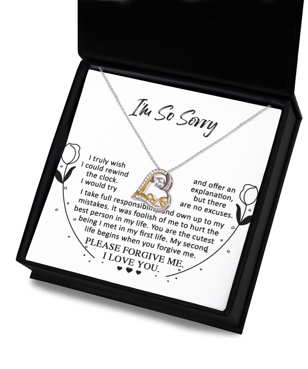 The "Sorry-My First Life - Love Dancing Necklace" is a sterling silver piece presented in a black box, accompanied by a heartfelt apology note. It features a small heart pendant with an embedded stone and is rhodium-plated to symbolize your deep feelings of regret and sincere remorse.