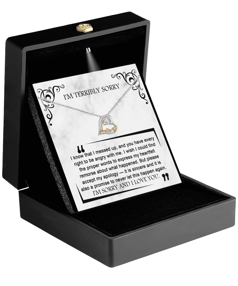 A box labeled "Sorry-Angry With Me - Love Dancing Necklace" contains a .925 Sterling Silver Love Dancing Necklace and a heartfelt apology note. The note reads, "I'M TERRIBLY SORRY" and includes an apology message along with a promise to never repeat the mistake.