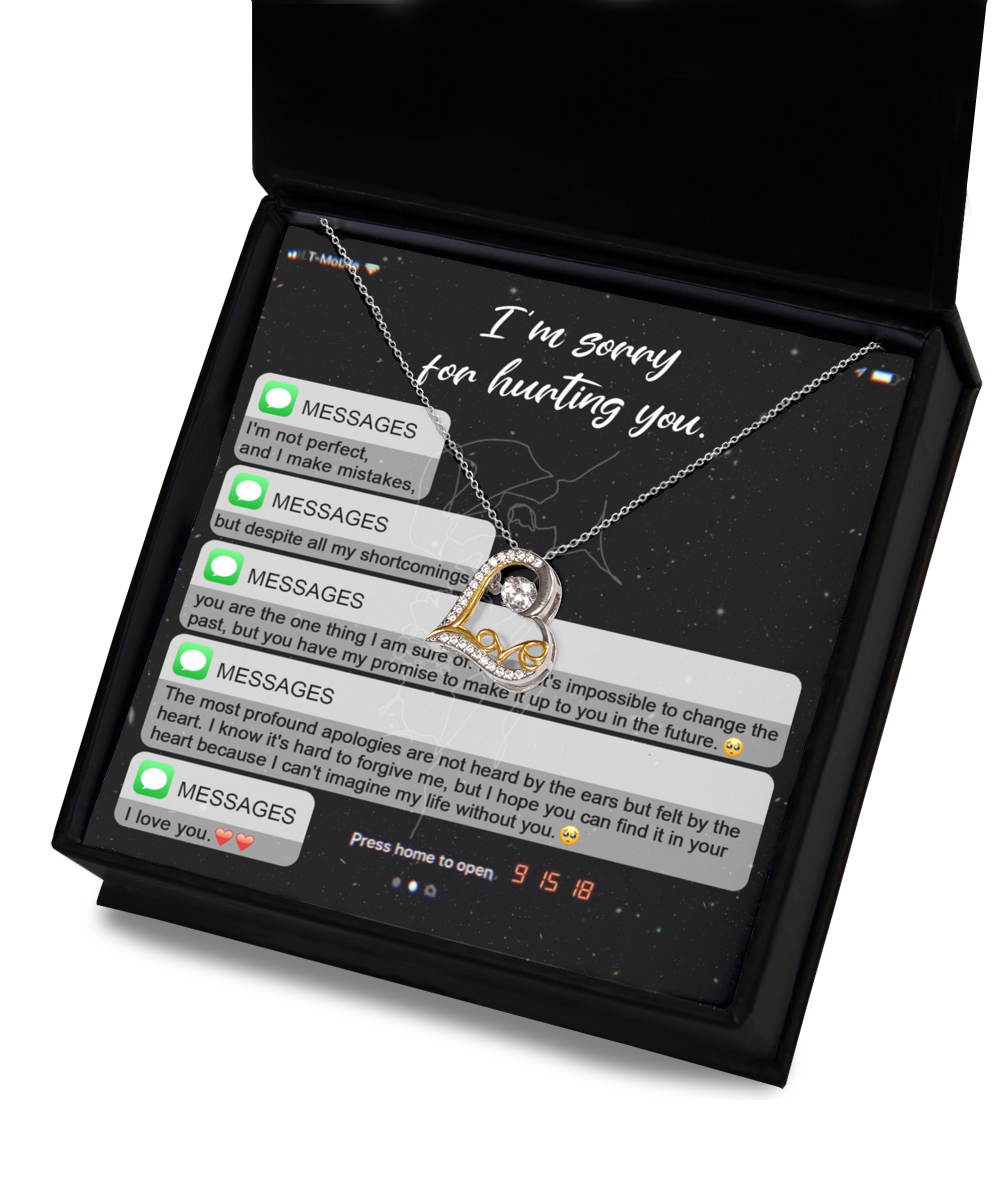 A stunning "Sorry-Life Without You - Love Dancing Necklace" is placed in a box with messages displayed in the background, together conveying an apology and expressions of love.