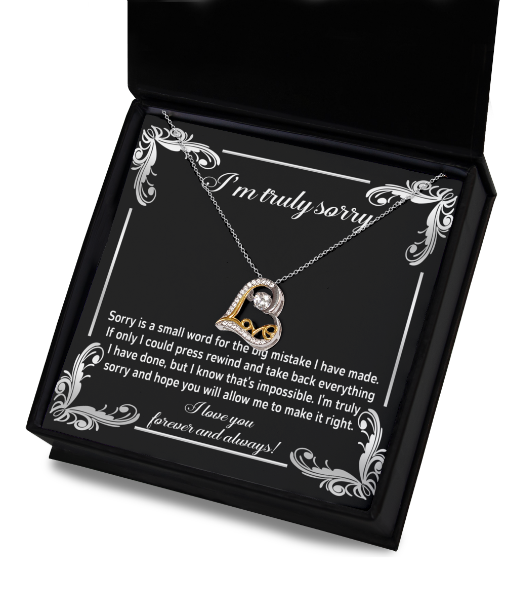 The Sorry-Make It Right - Love Dancing Necklace, featuring a heart-shaped pendant, is beautifully presented in a box with an apology message inscribed on the inside lid. The elegantly designed text complements the .925 Sterling Silver necklace, expressing deep regret for a significant mistake and hoping for forgiveness.