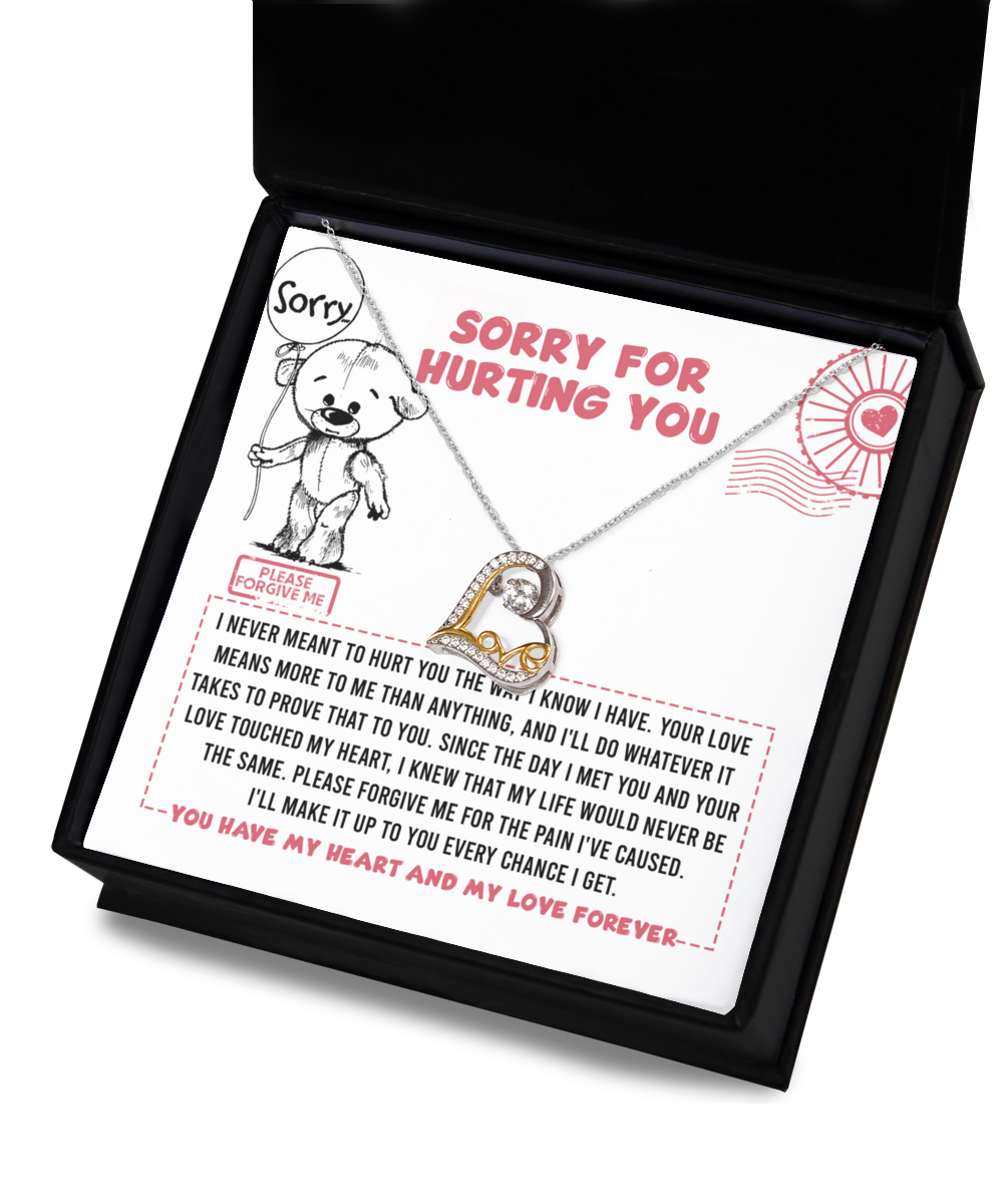 Introducing the "Sorry-Every Chance - Love Dancing Necklace": a stunning .925 Sterling Silver necklace presented in a sleek black box. Included is an apology card adorned with an adorable bear clutching a "Sorry" balloon, accompanied by the heartfelt message, "SORRY FOR HURTING YOU," conveying deep remorse and affection.