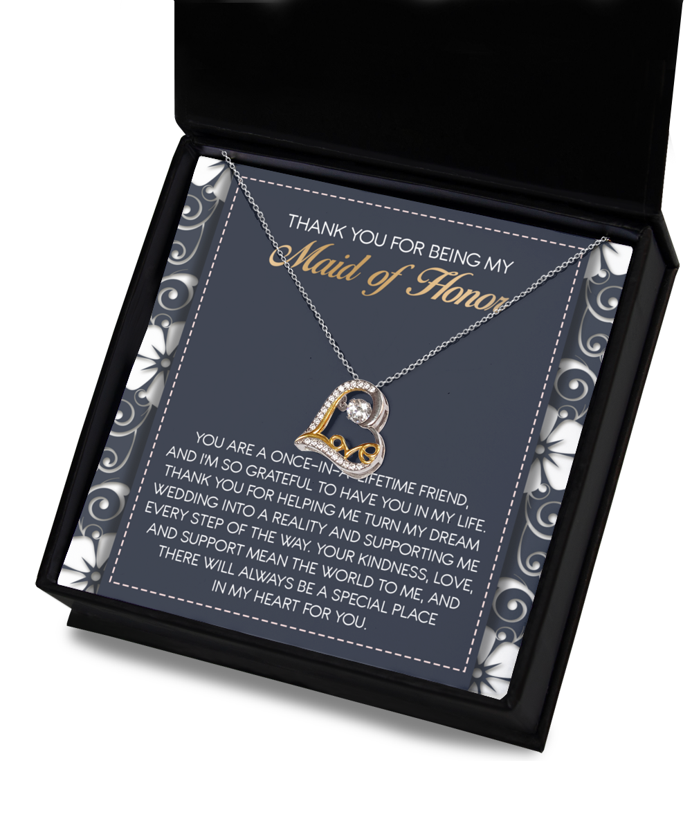 The "To Maid of Honor-World To Me - Love Dancing Necklace," a sterling silver heart-shaped pendant, sits in a black box above a message expressing gratitude to the Maid of Honor.