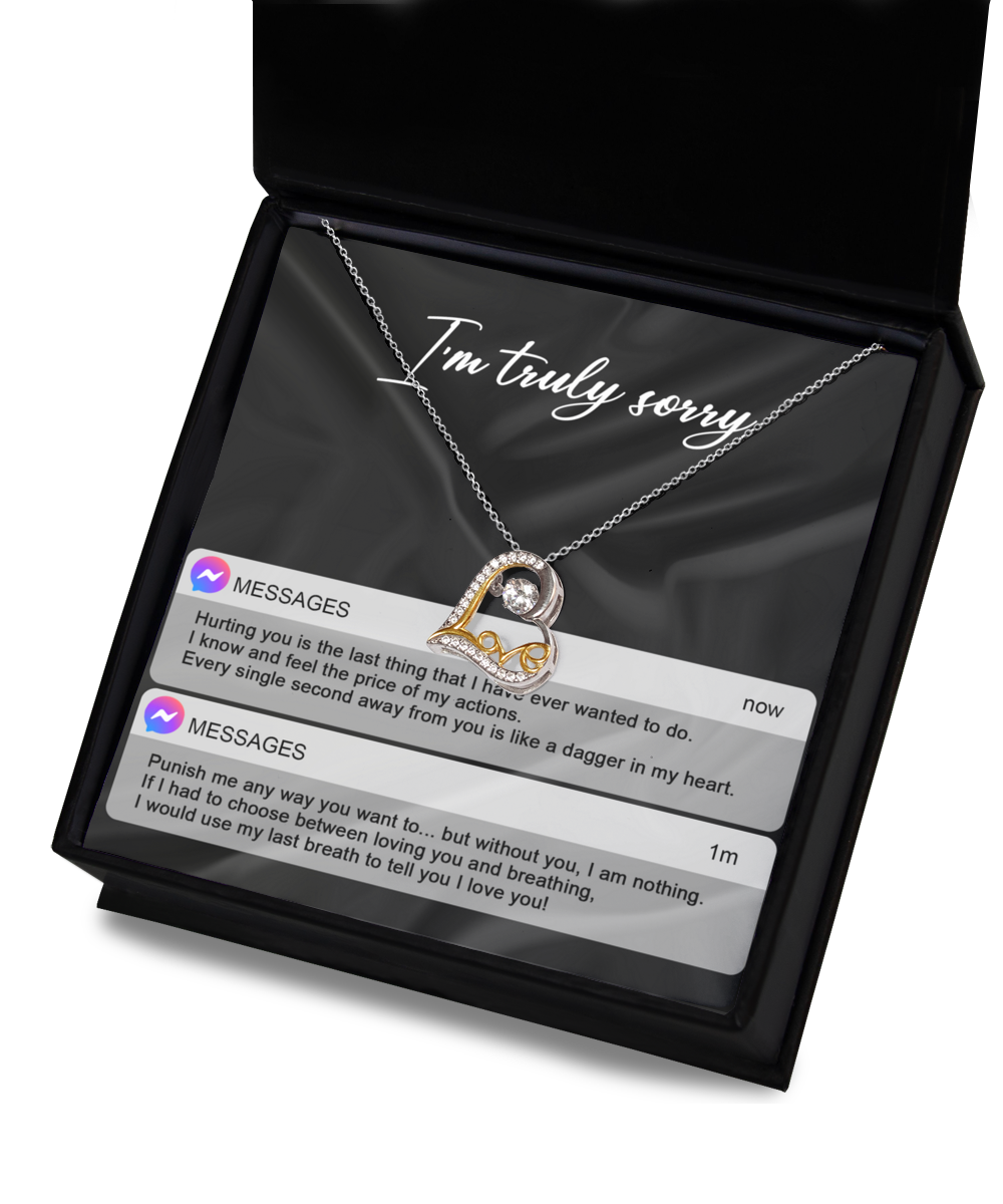 The Sorry-Away From You - Love Dancing Necklace, a 14k gold piece featuring a heart pendant, comes elegantly packaged in a box and includes an apology message along with a touching passage about regret and love.