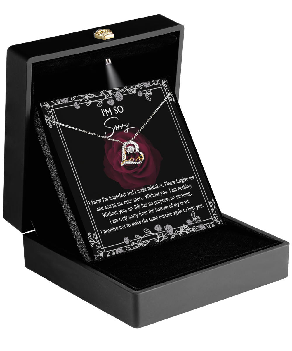 A Sorry-I Am Nothing - Love Dancing Necklace with a diamond, crafted in .925 Sterling Silver, placed in a black jewelry box with a note that reads "I'm so sorry" and an apology message.