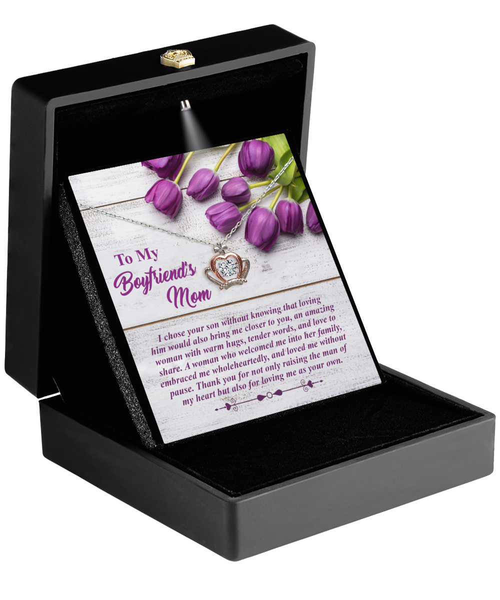 A To Boyfriend's Mom, As Your Own - Crown Pendant Necklace displayed in a Gearbubble gift box with a personalized message for a boyfriend.