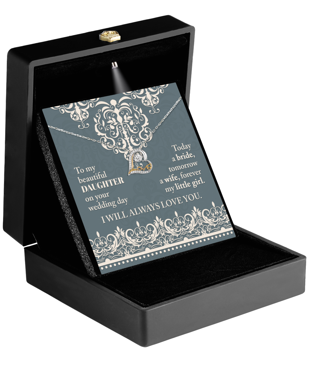 The Daughter Wedding-Always Love You - Love Dancing Necklace, featuring a heart pendant, is beautifully packaged in a black box with a touching message that celebrates maternal love—making it the perfect wedding day gift for your daughter.