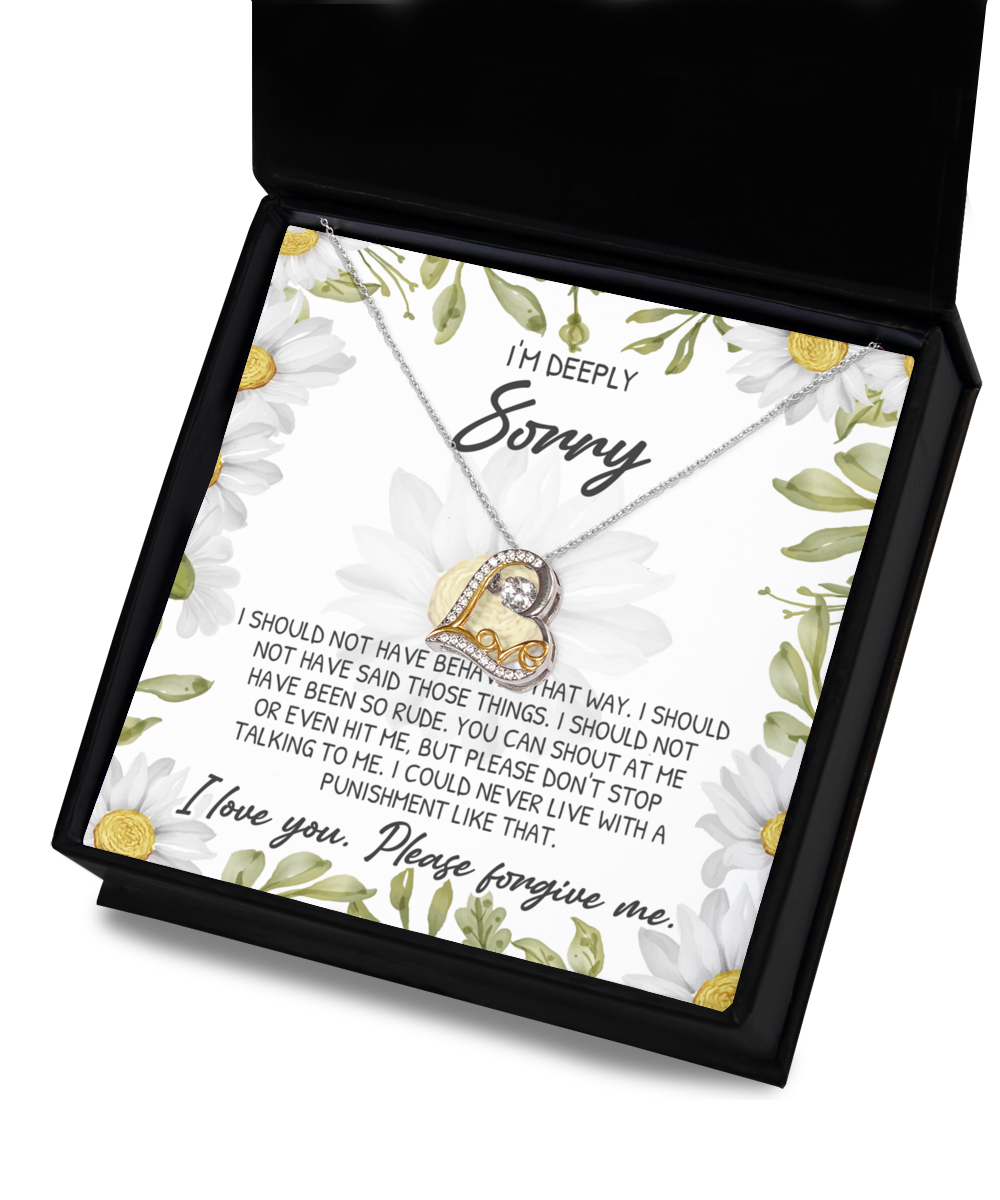 Nestled in a jewelry box, the Sorry-Please Don’t Top - Love Dancing Necklace crafted from .925 Sterling Silver comes with a heartfelt apology note. Expressing deep regret for rude behavior, the note requests forgiveness and conveys love against a beautifully designed floral background.