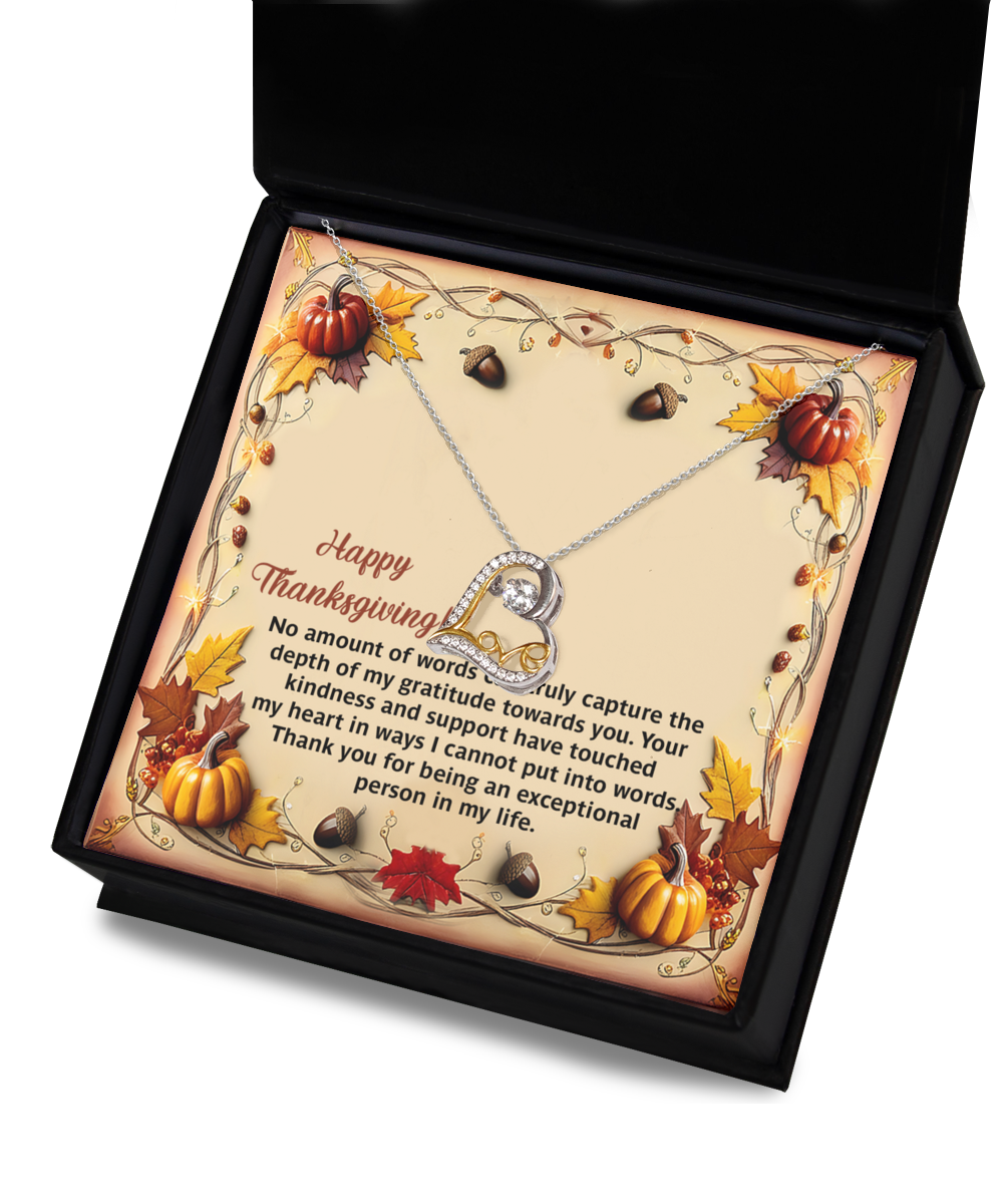 The Thanksgiving-Put Into Words - Love Dancing Necklace, crafted from sterling silver and adorned with cubic zirconia, sparkles elegantly in a gift box. Accompanied by a Thanksgiving card featuring autumn leaves and pumpkins, it expresses gratitude and celebrates the season of thanks.