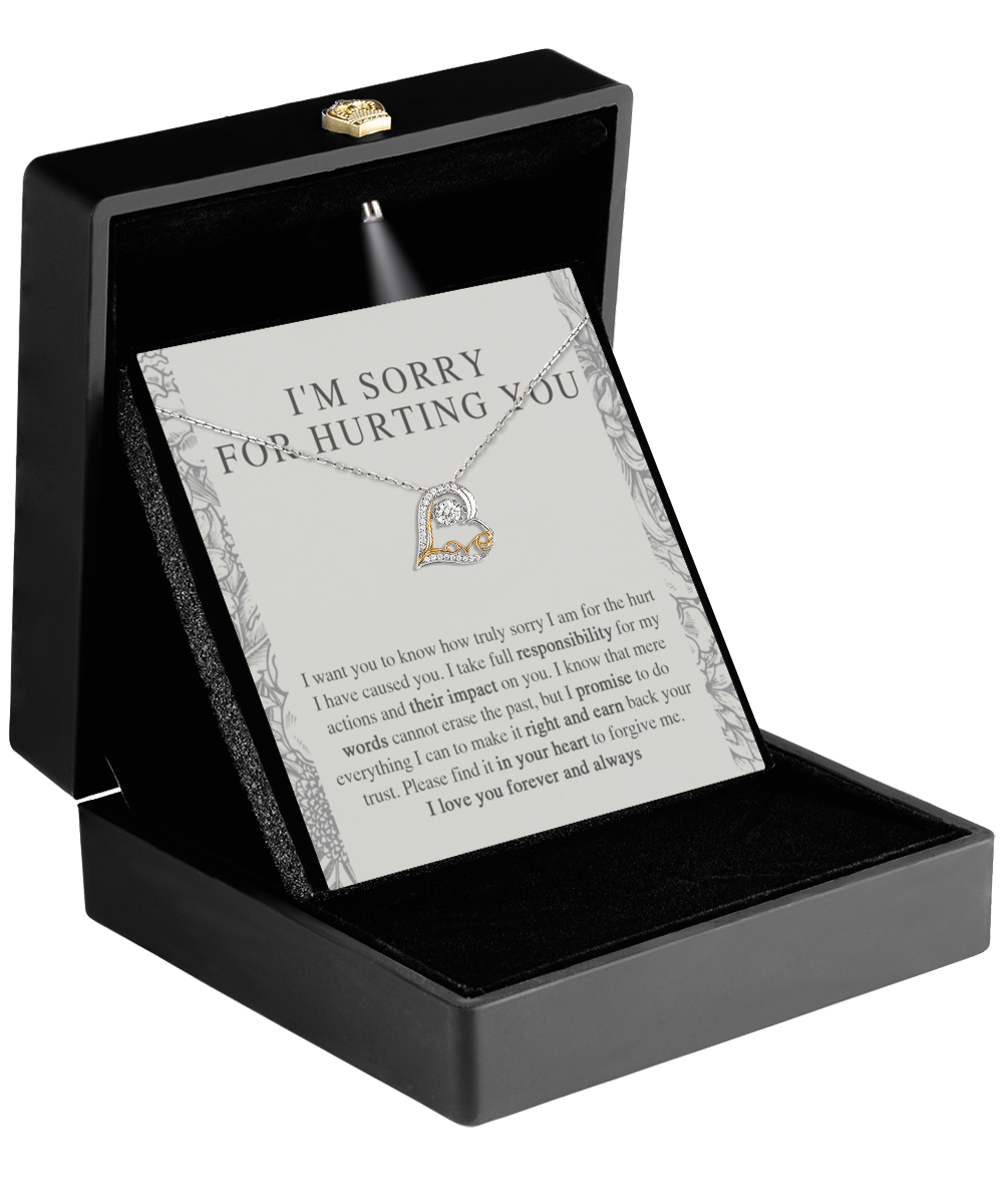 The Sorry-Do Everything - Love Dancing Necklace is a Sterling Silver necklace with a heart-shaped pendant, presented in a black gift box. The pendant showcases a smaller heart detail, radiating elegance. Inside the box is a heartfelt message that starts with "I'M SORRY FOR HURTING YOU" and includes an earnest apology and expression of love.