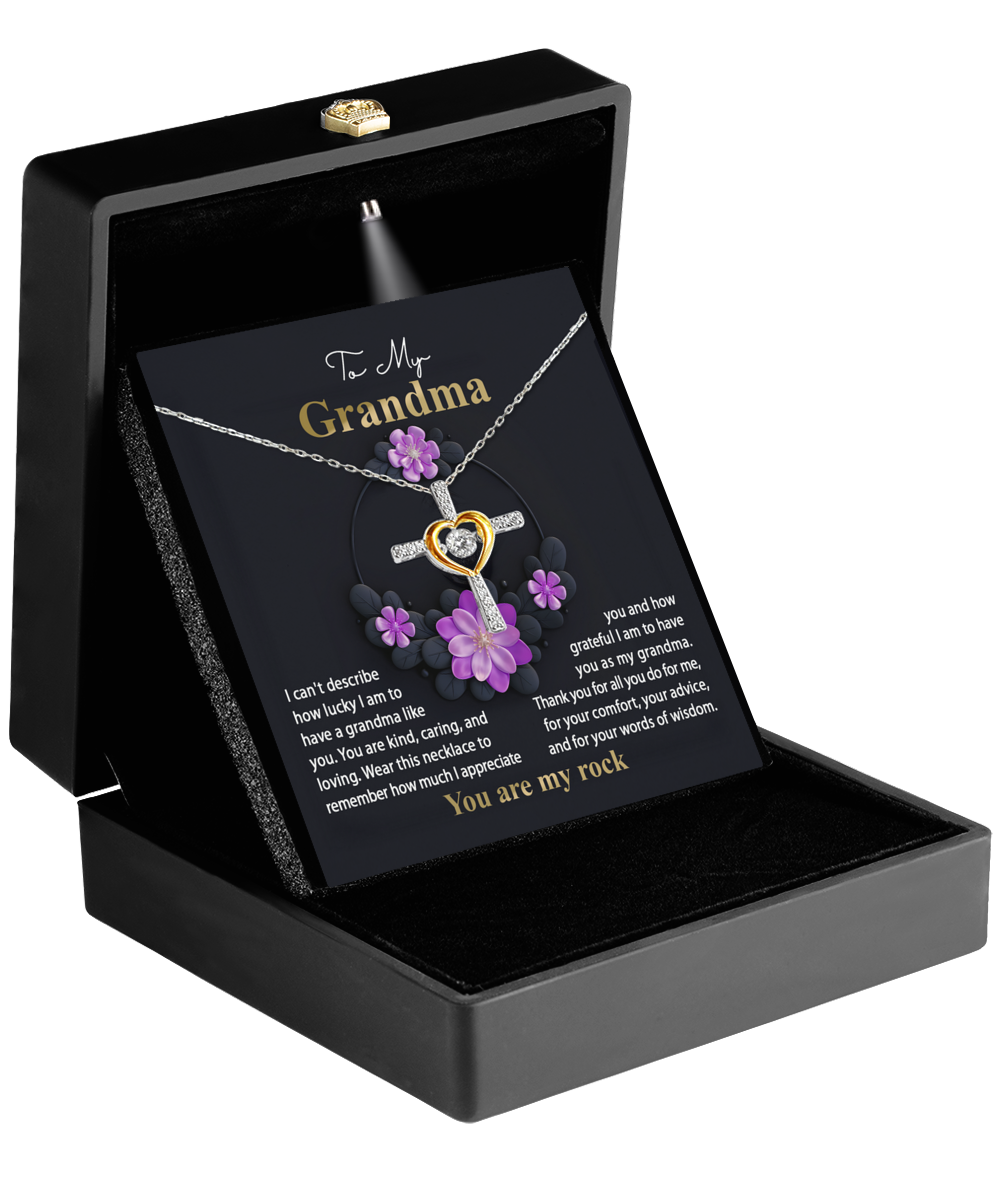 Heart-shaped, 14k gold plated Gearbubble necklace with floral design in a gift box with a message for grandma.