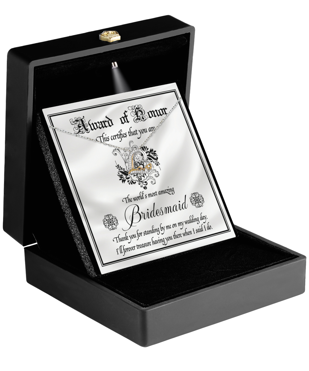 A black box opens to showcase the "To Bridesmaid-Award Of Honor - Love Dancing Necklace," featuring a 14k gold heart pendant, accompanied by a heartfelt message expressing gratitude for a bridesmaid's support on the wedding day.