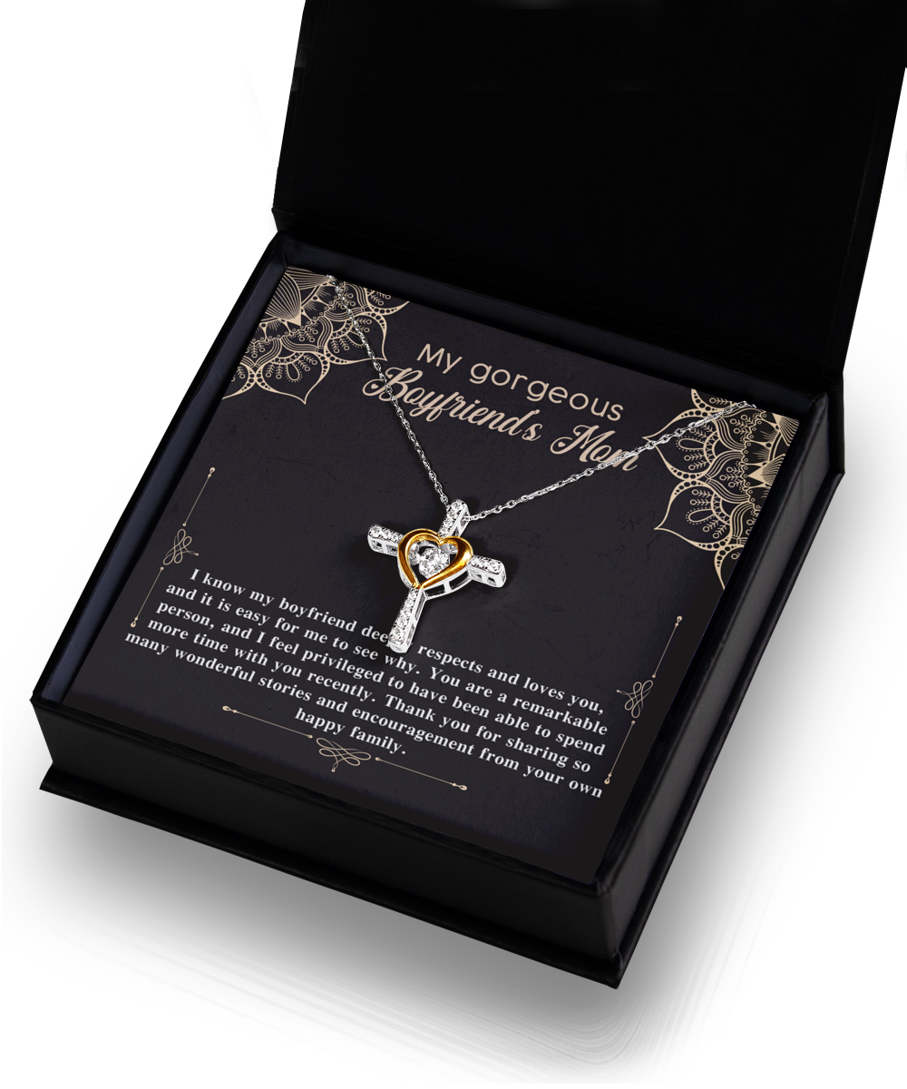 Jewelry gift box with 14k gold plated To Boyfriend's Mom, Happy Family - Cross Dancing Necklace and message card for boyfriend's mother from Gearbubble.