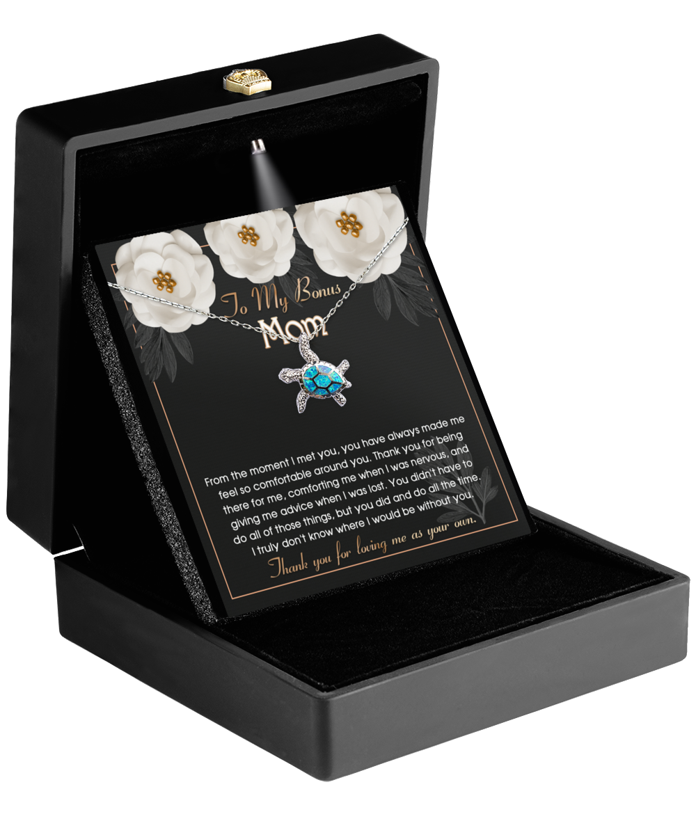Elegant "To Bonus Mom, All The Time" Opal Turtle Necklace in a black gift box with a heartfelt message by Gearbubble.