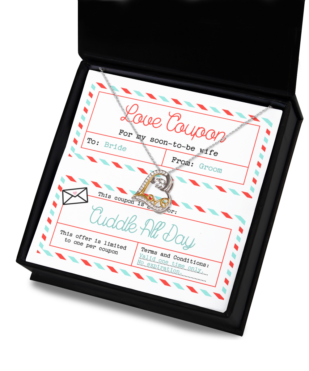 Present your bride with the "To Wife Wedding-Love Coupon - Love Dancing Necklace," offering a special "Cuddle All Day" session. This one-time-use coupon includes a stunning pendant in the shape of a heart, crafted from 14k gold.