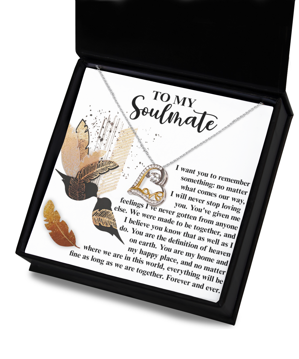 The Soulmate-Given Me Feelings - Love Dancing Necklace, crafted in .925 Sterling Silver and presented in a black box with a heart pendant, includes a heartfelt message to your soulmate to complete this thoughtful gift.