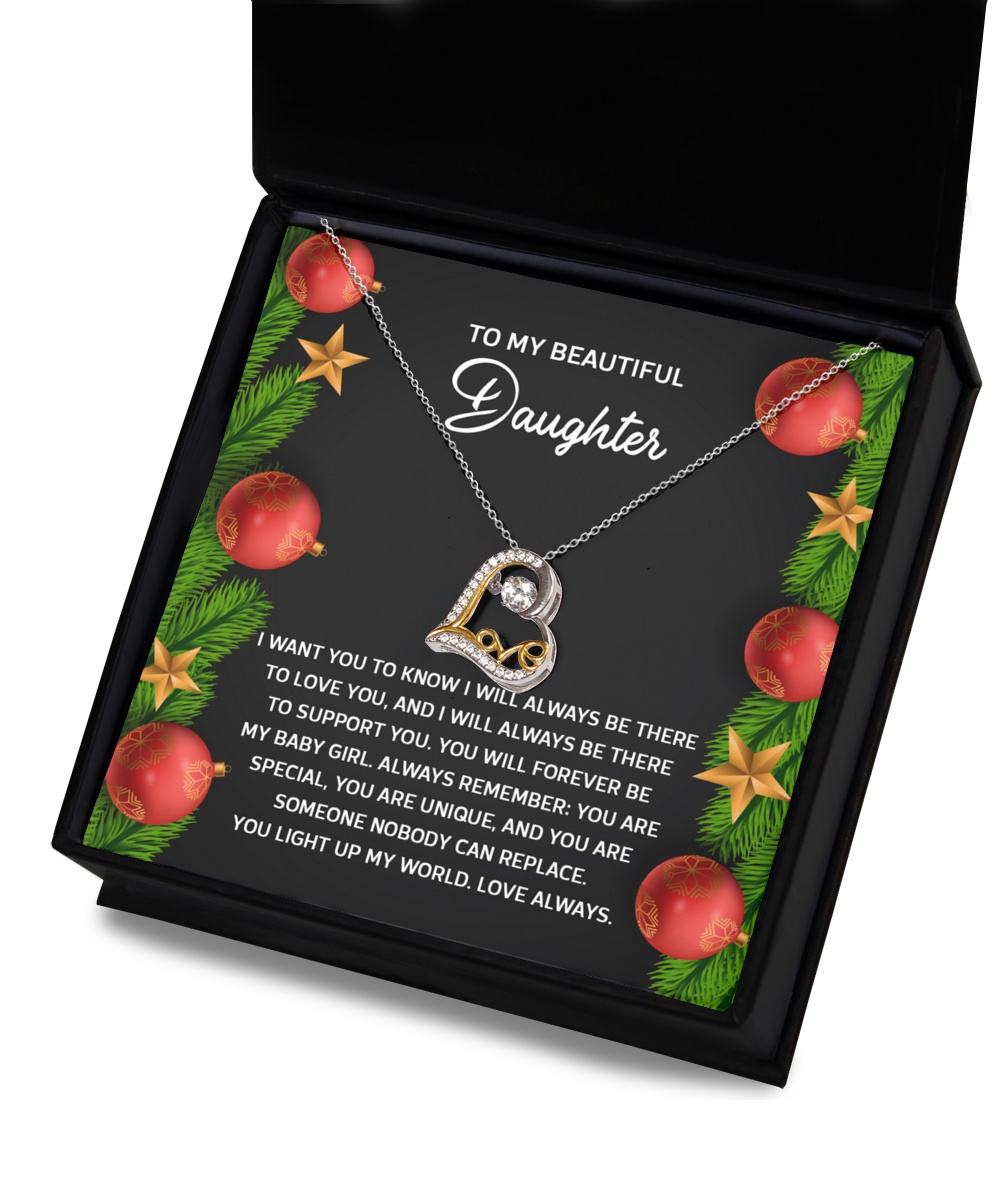 The Daughter-Nobody Can Replace - Love Dancing Necklace, presented in a festive gift box with a loving note from mom, is an ideal holiday treasure for your daughter, serving as a beautiful accessory and lasting symbol of your bond.