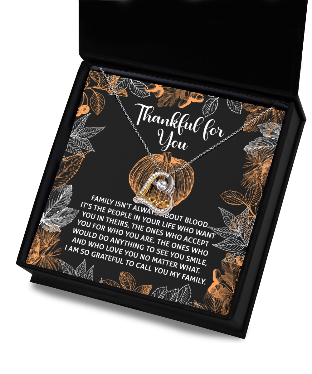 The Thanksgiving-To Call You - Love Dancing Necklace showcases a sterling silver circular pendant, presented in an elegant black gift box. The heartfelt message "Thankful for You" is encircled by a decorative leaf design, making it an unforgettable gift of appreciation and affection.