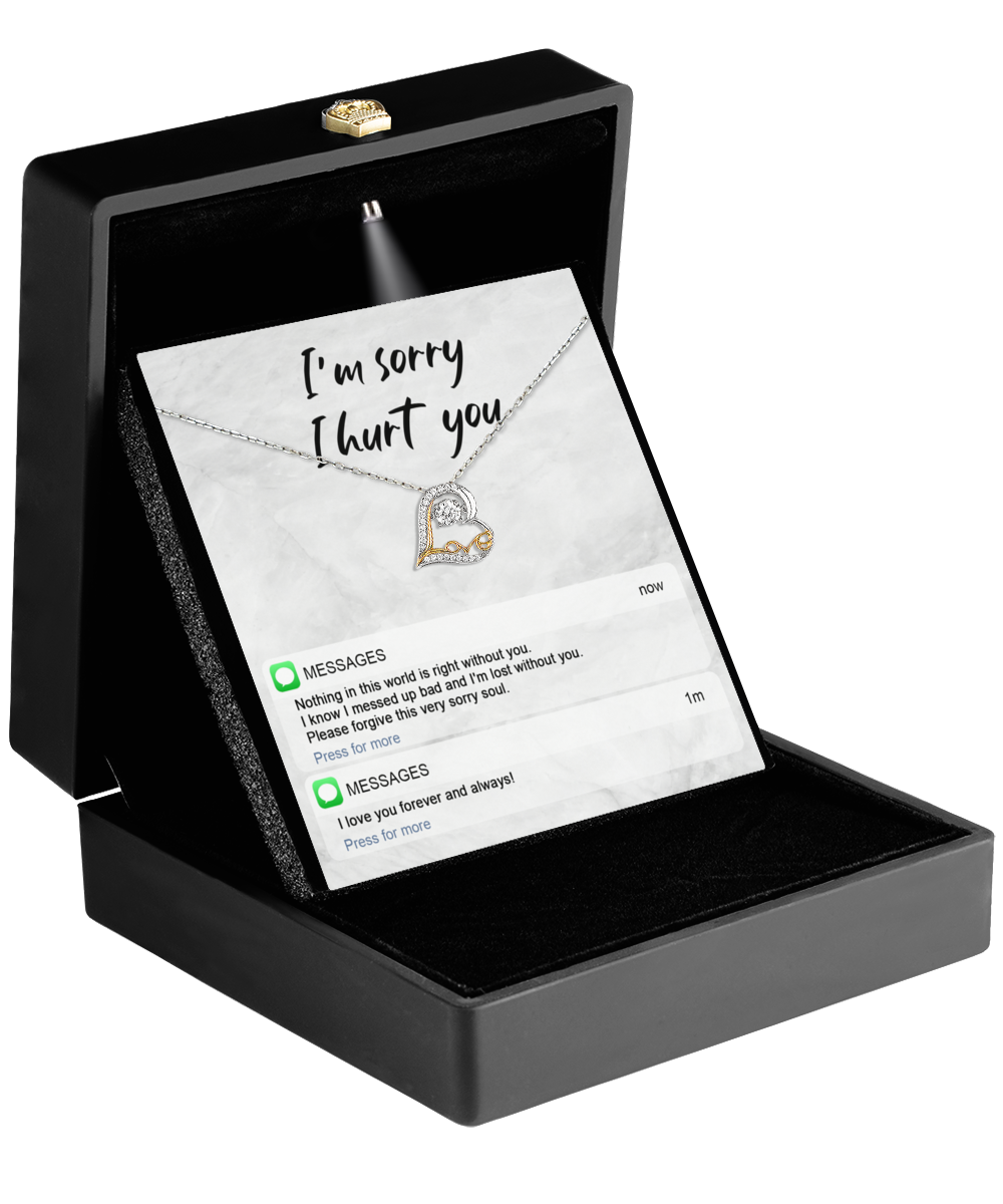 A black jewelry box unveils the "Sorry-Lost Without You - Love Dancing Necklace," an ideal gift for your wife, paired with a note saying "I'm sorry I hurt you." A simulated phone screen shows regretful and loving messages, each word full of emotion.