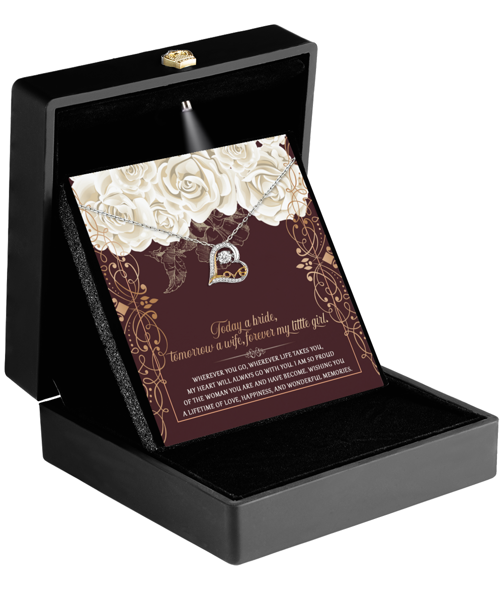 An open black jewelry box reveals a heart-shaped pendant beneath a card adorned with roses and a sentimental message. The "To Daughter Wedding-Wonderful Memories - Love Dancing Necklace" beautifully encapsulates the essence of maternal love.