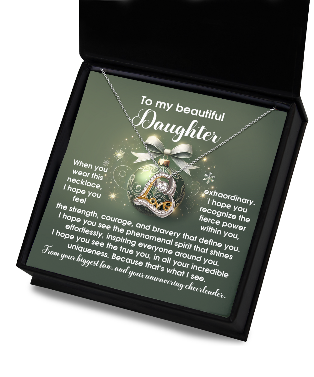 The Daughter-Get Back Up - Love Dancing Necklace comes in a box with a heartfelt message for a daughter, featuring a sterling silver chain and a heart-shaped pendant.