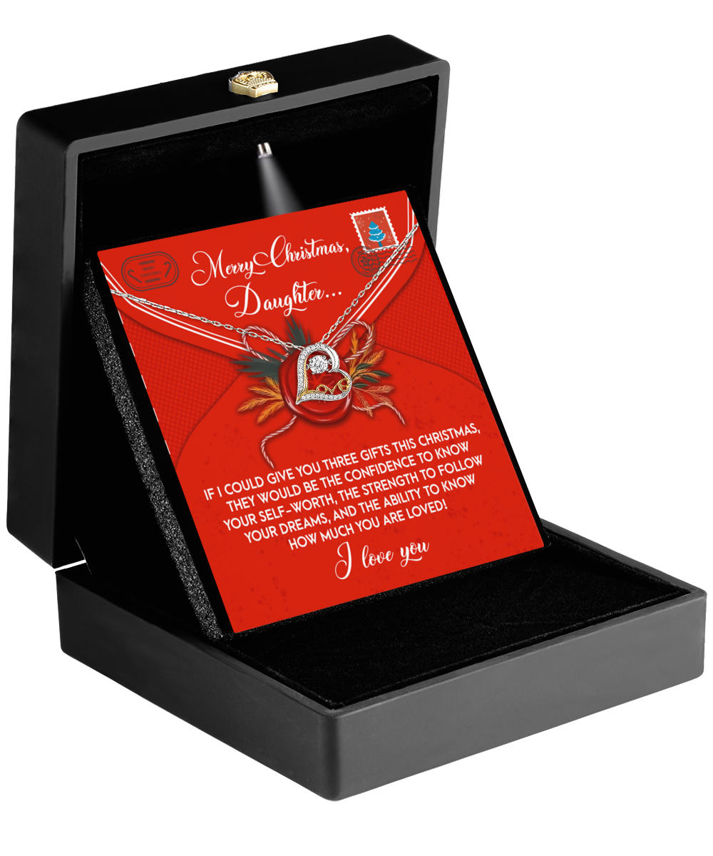 A heart-shaped floral pendant necklace is displayed in a black box with a red card featuring a loving Christmas message, making the Daughter-This Christmas - Love Dancing Necklace an ideal gift for your daughter.