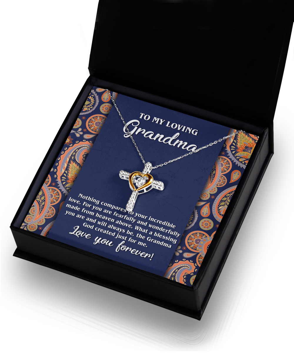 A Gearbubble personalized necklace in a gift box with a heartfelt message for a grandmother: To Grandma, Just For Me - Cross Dancing Necklace.