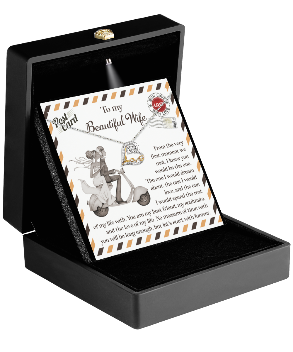 The black jewelry box contains the To Wife, Be The One - Love Dancing Necklace, a 14k gold heart-shaped pendant necklace accompanied by a printed card addressed to "My Beautiful Wife" with a romantic message. This heartfelt gift for your wife is perfect for making every moment special.