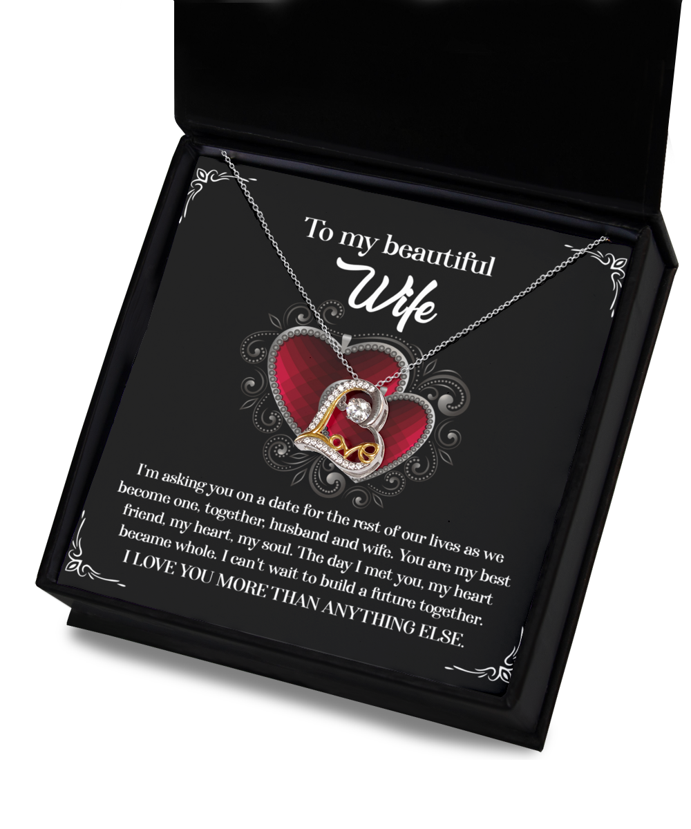 A To Wife, Heart Became Whole - Love Dancing Necklace in .925 Sterling Silver, displayed in a black box with a message to a wife expressing love and future commitment.