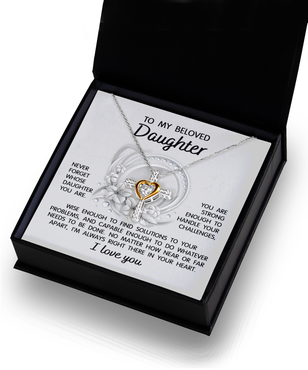 Open jewelry box displaying the "To Daughter-Always Right There - Cross Dancing Necklace" with a heart and key pendant in .925 Sterling Silver. The card inside reads motivational words to a daughter, mentioning strength, love, and support.