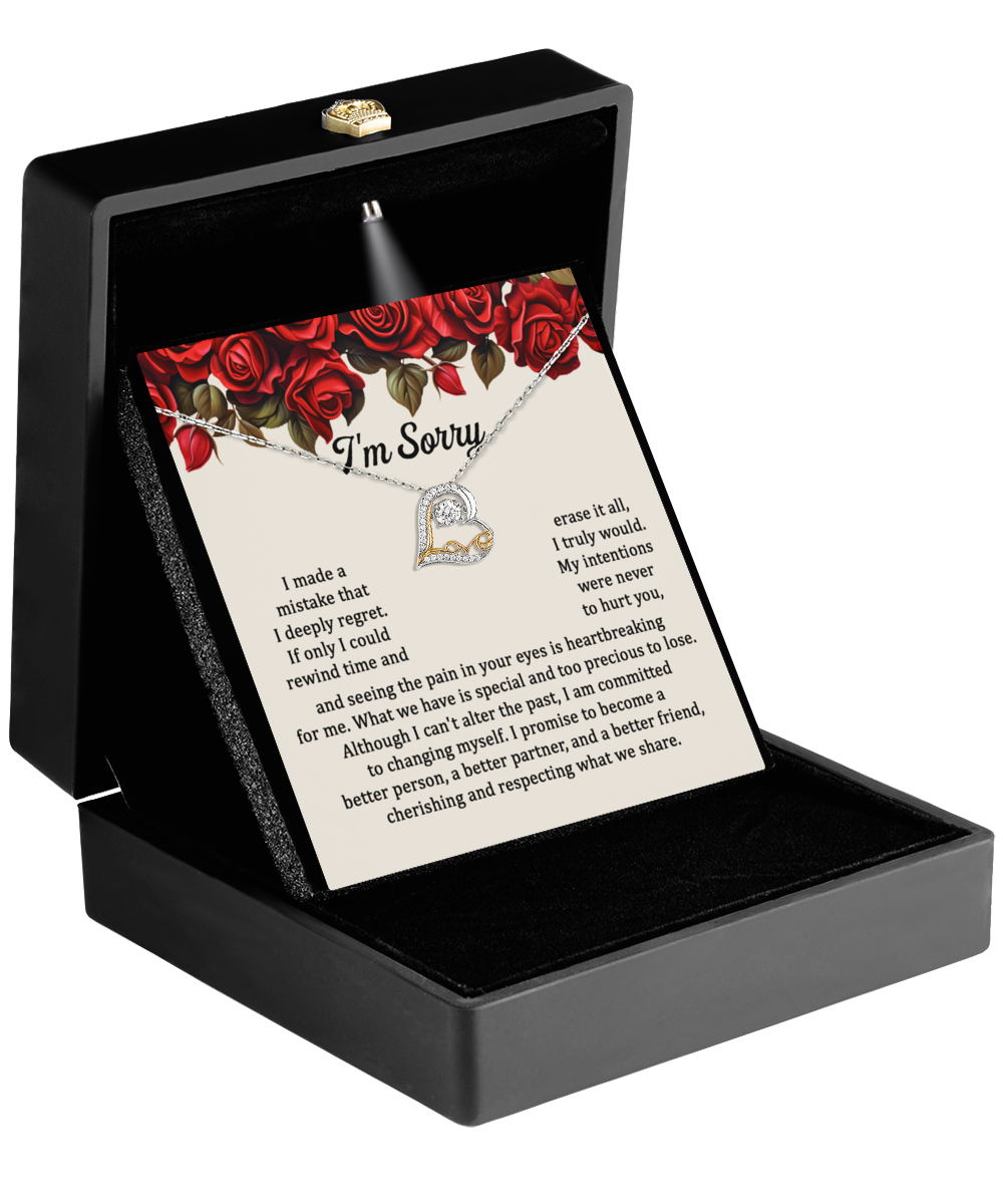 Open a black box displaying an "I'm Sorry" message with roses and a stunning 14k gold Sorry-Precious To Lose - Love Dancing Necklace inside.