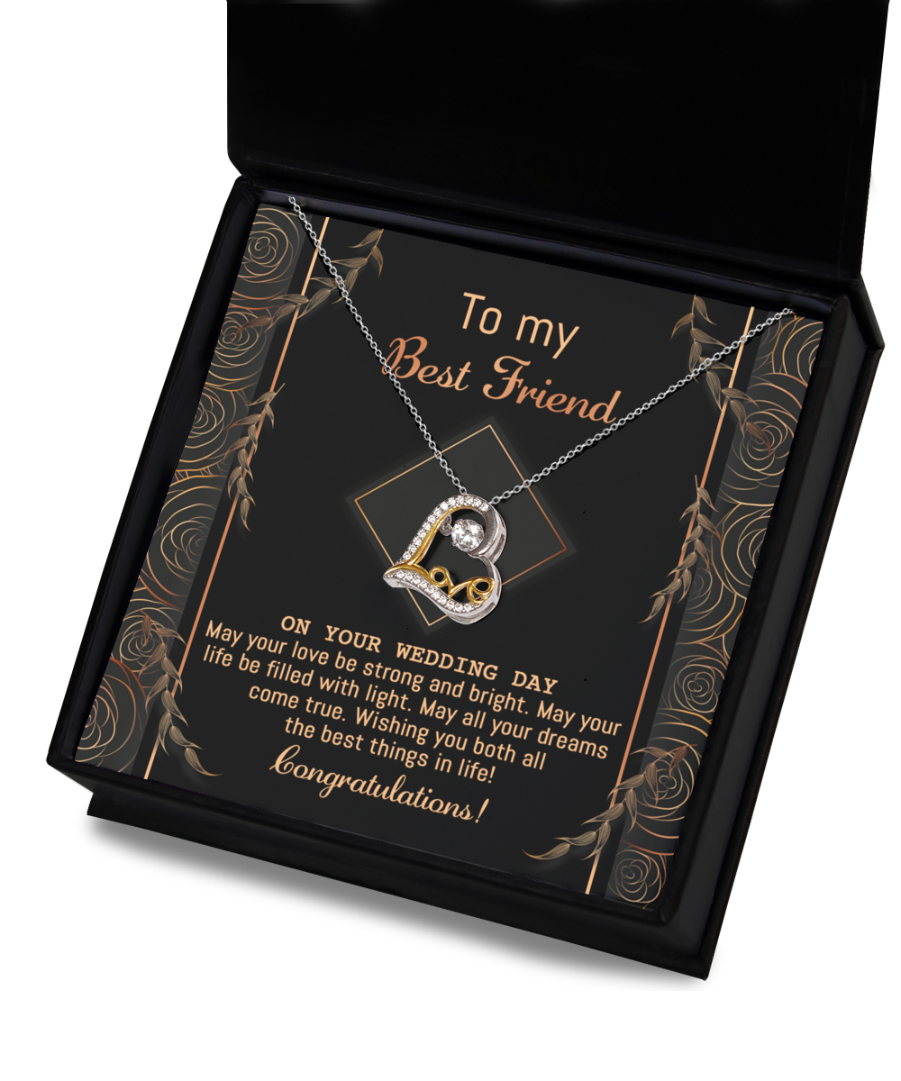 A heart-shaped .925 Sterling Silver necklace with a diamond and gold leaf design, adorned with AAAA Cubic Zirconia, displayed in a black box with a wedding day message to a best friend - Best Friend Wedding-Strong And Bright - Love Dancing Necklace.