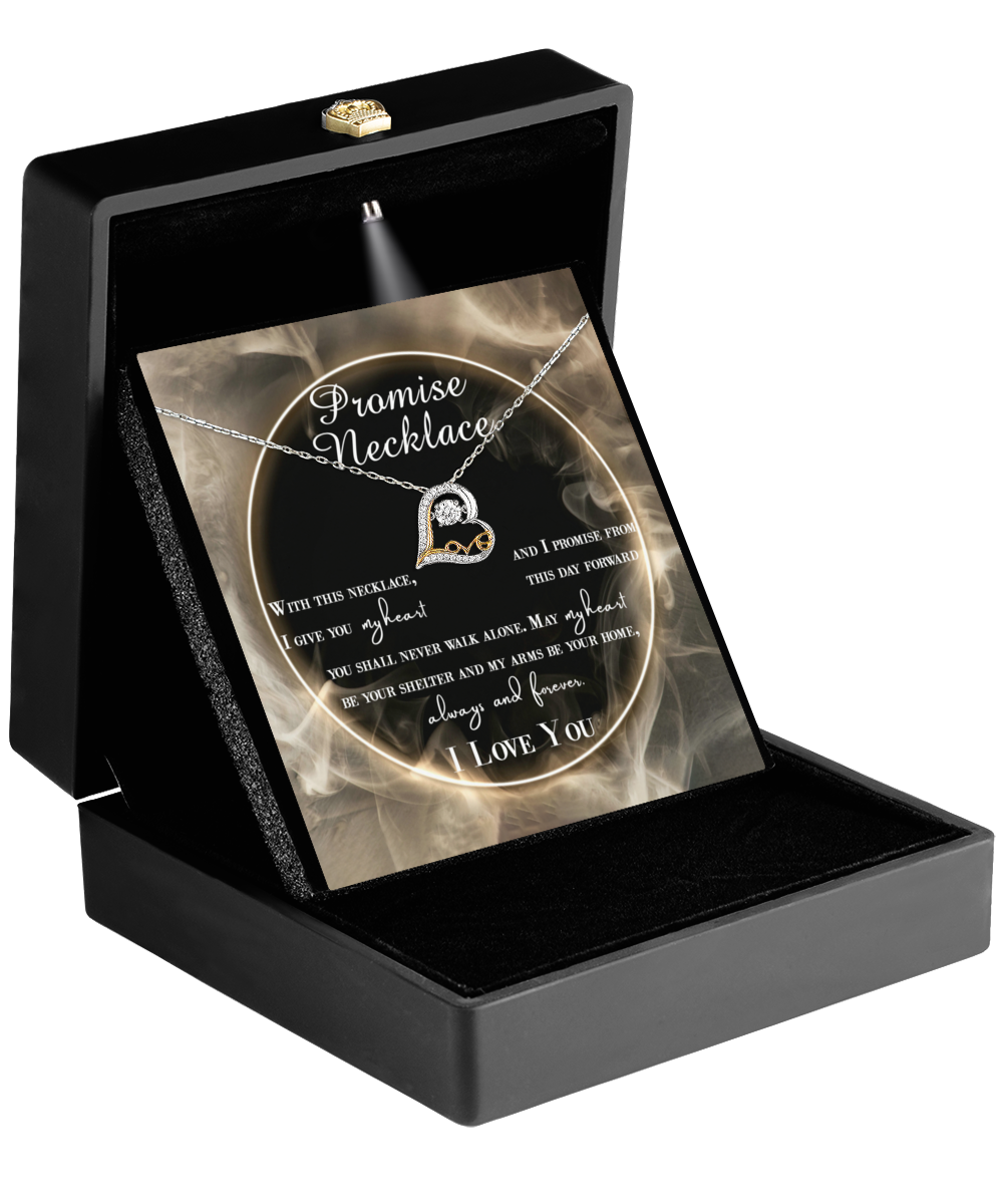 When you open the black box, you'll discover a breathtaking To Wife, Promise Necklace - Love Dancing Necklace, crafted in 14k gold with a pendant embellished in clear stones and featuring an intimate message inside.