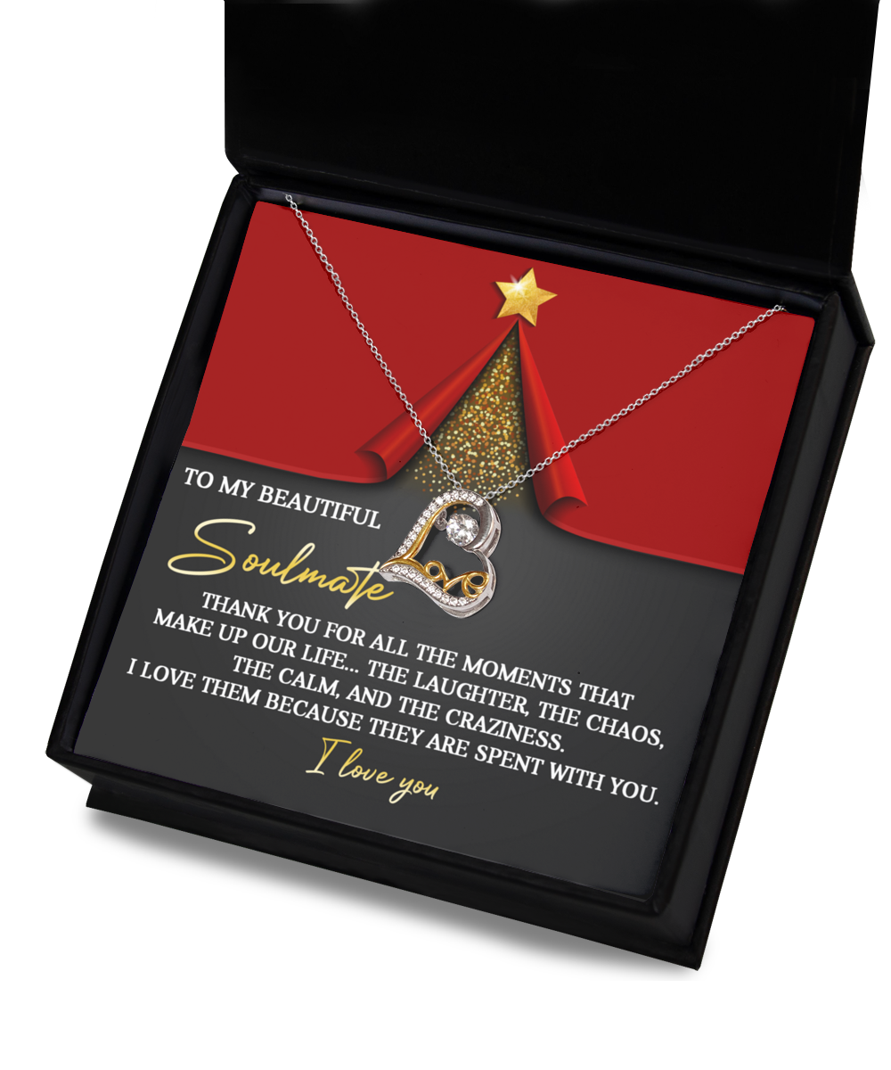 The Soulmate-The Moments - Love Dancing Necklace, featuring a heart-shaped sterling silver design with a crystal pendant, is elegantly presented in a box along with a note expressing love and appreciation to your soulmate.