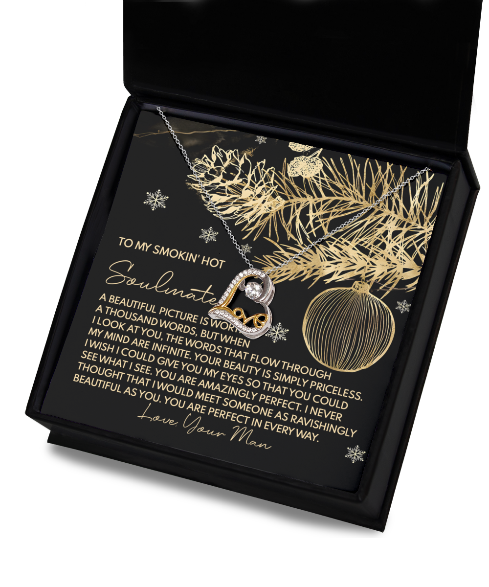 Open a black gift box containing the Soulmate-Amazingly Perfect - Love Dancing Necklace and a card that reads "TO MY SMOKIN' HOT Soulmate," featuring a lengthy message in gold text with decorative illustrations and elegant sterling silver accents.