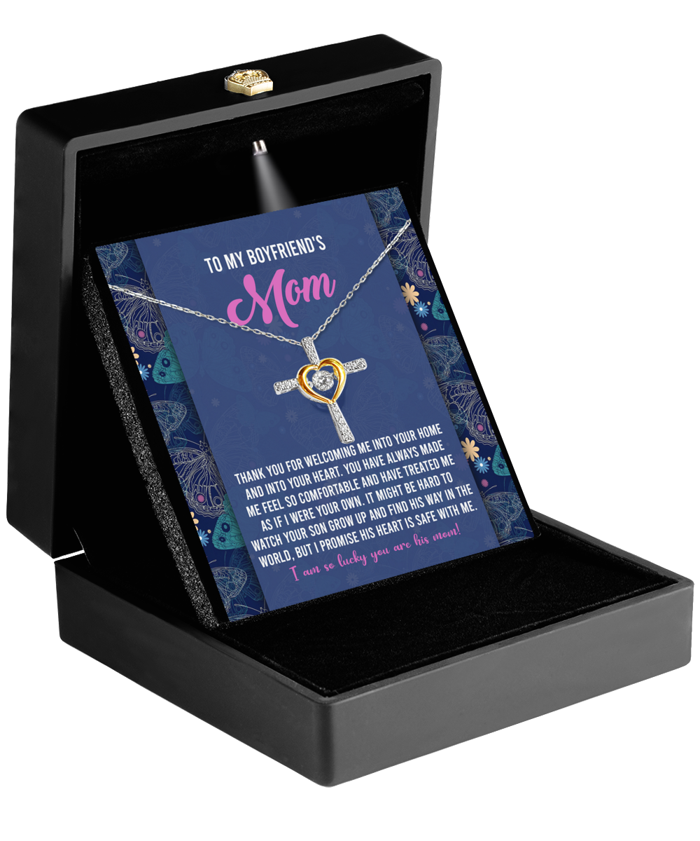 A "To Boyfriend's Mom, Safe With Me - Cross Dancing Necklace" gift in a box with a message to a boyfriend's mom expressing gratitude and love from Gearbubble.