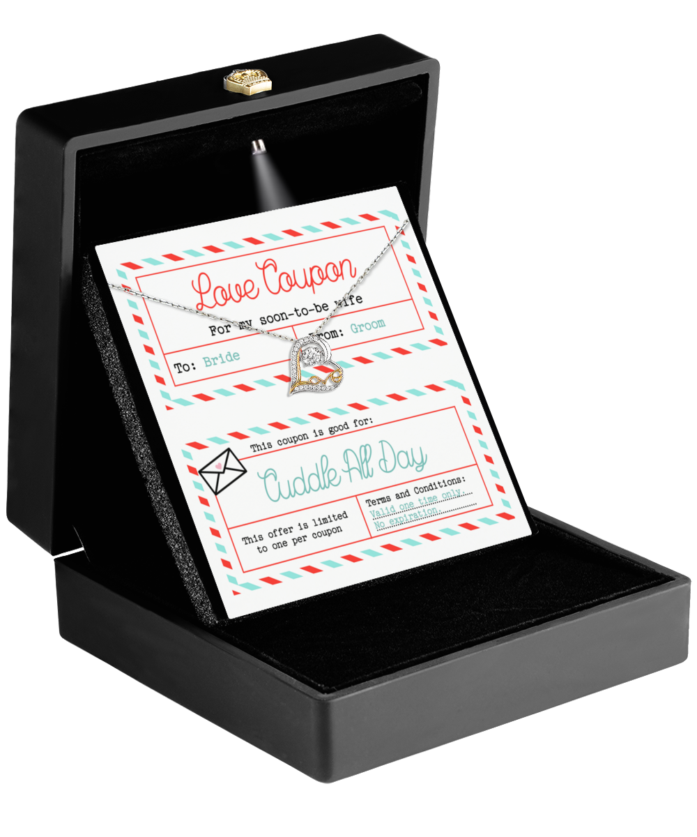 A "Love Coupon" box for a day of cuddling, featuring a heart-shaped pendant and addressed from the bride to the groom, with the product name "To Wife Wedding-Love Coupon - Love Dancing Necklace.