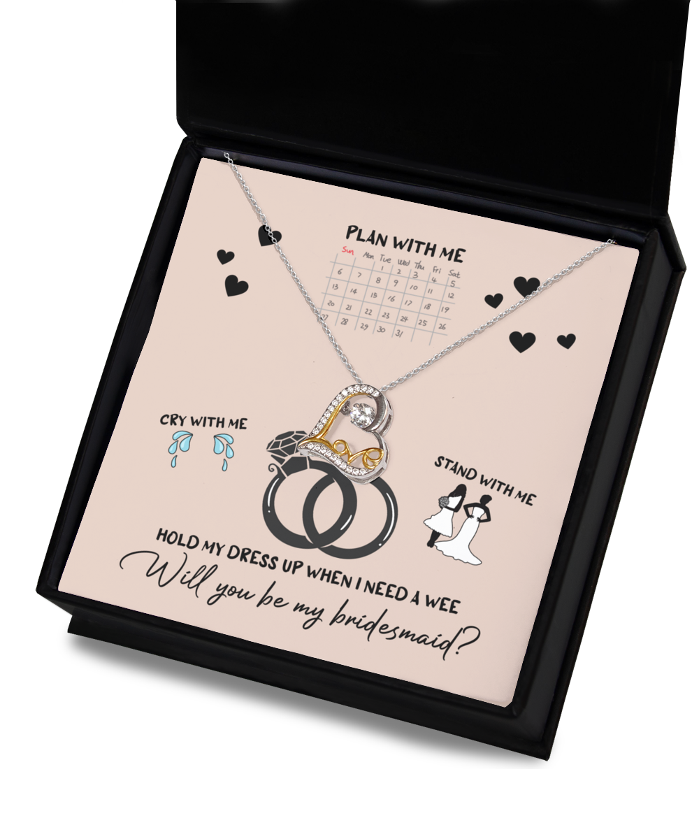 A Bridesmaid-Will You Be 2 - Love Dancing Necklace, crafted from .925 Sterling Silver, is elegantly displayed against a backdrop featuring a bridesmaid proposal calendar and various charming illustrations including wedding rings and bridesmaids.