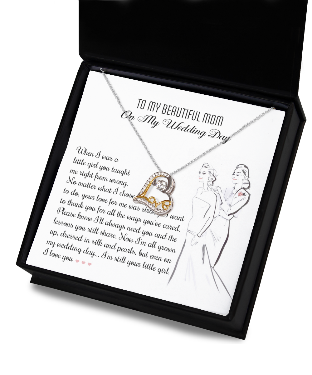 A jewelry box with a heart-shaped 14k gold triple-plated pendant necklace *Mom Wedding-My Wedding Day - Love Dancing Necklace* and a note titled "To My Beautiful Mom On My Wedding Day," expressing gratitude and love.