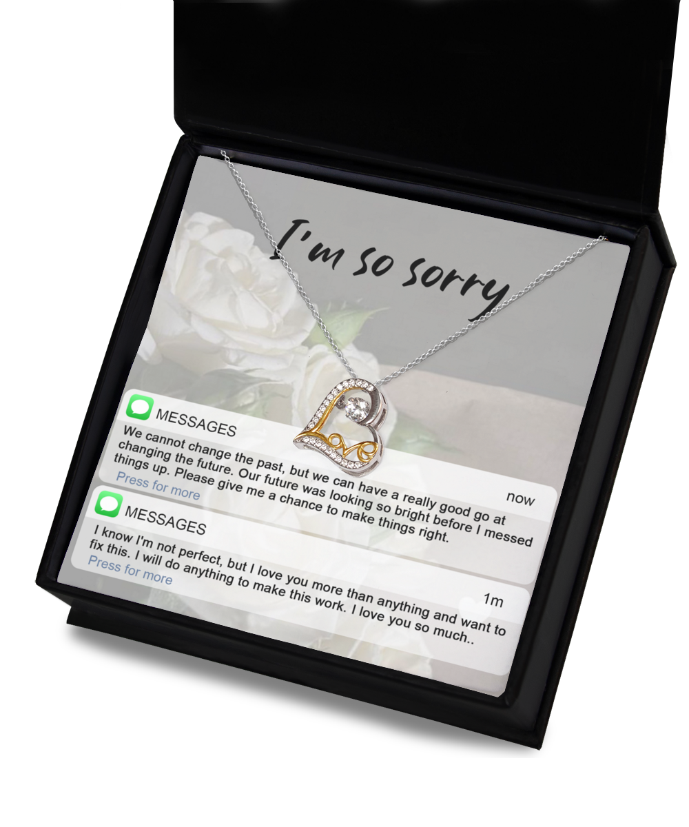 A Sorry-I'm Not Perfect - Love Dancing Necklace featuring a heart-shaped pendant on a .925 sterling silver chain rests inside a box inscribed with "I'm so sorry." Below are phone messages expressing regret and hopes of mending the relationship, each word sparkling like AAAA Cubic Zirconia.