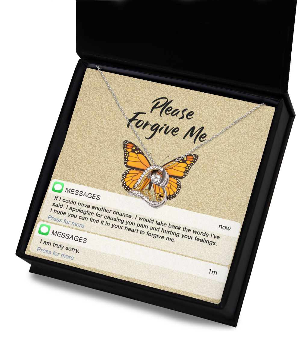 A Sterling Silver necklace named "Sorry-In Your Heart - Love Dancing Necklace" with a butterfly pendant sits inside a box with "Please Forgive Me" written above. Below are text messages saying, "I apologize for causing you pain," and, "I am truly sorry.